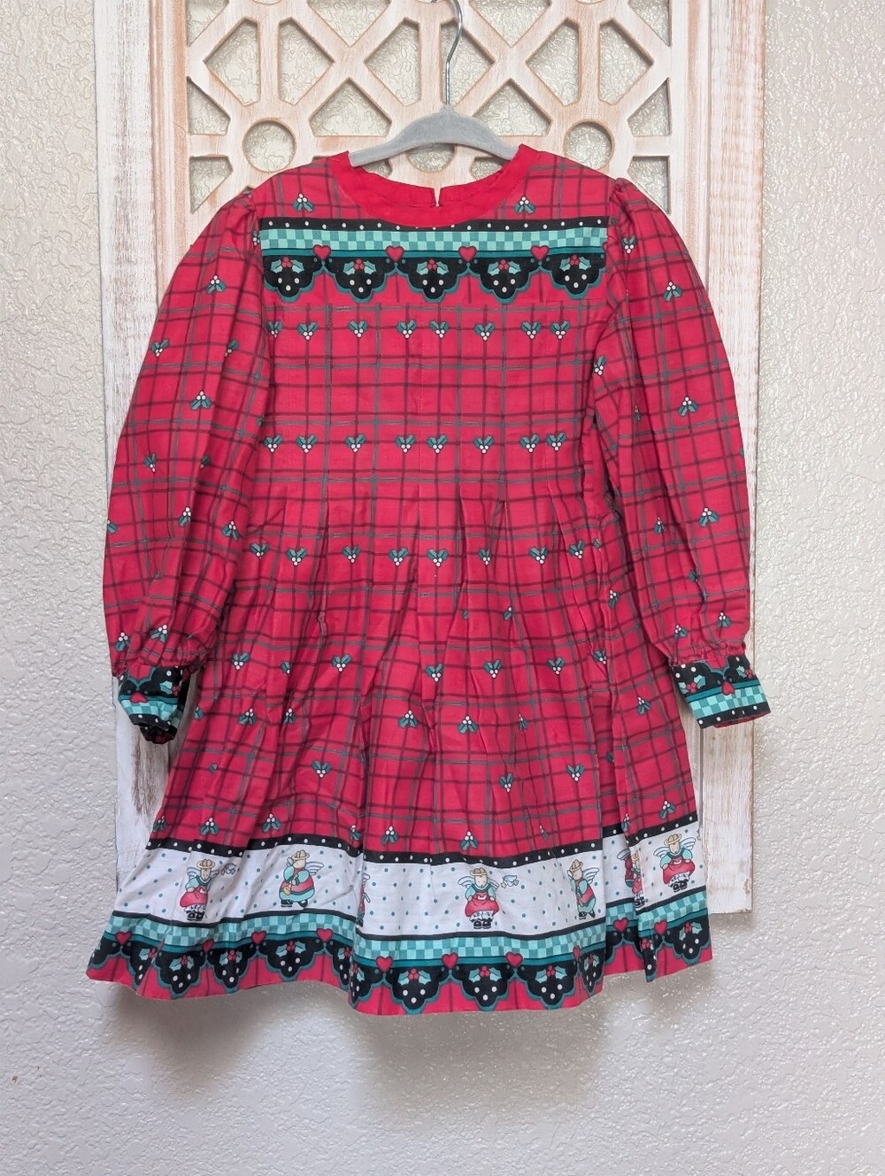 Vintage Daisy Kingdom Girls Christmas Dress Sz 4-5 Red Angel Bunnies Plaid 90s